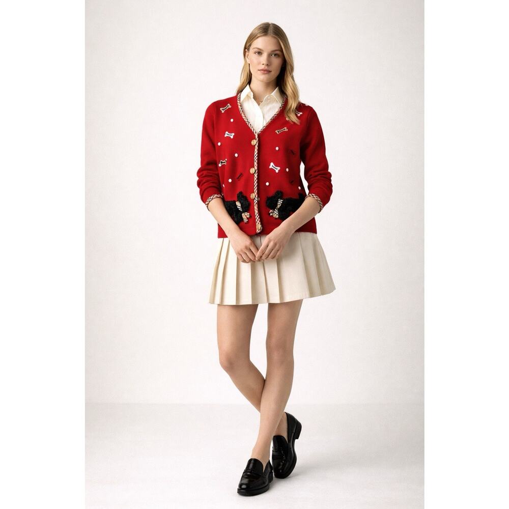 Vintage Berek Scottie Dog Sweater Red Cardigan Novelty Cottagecore Preppy M